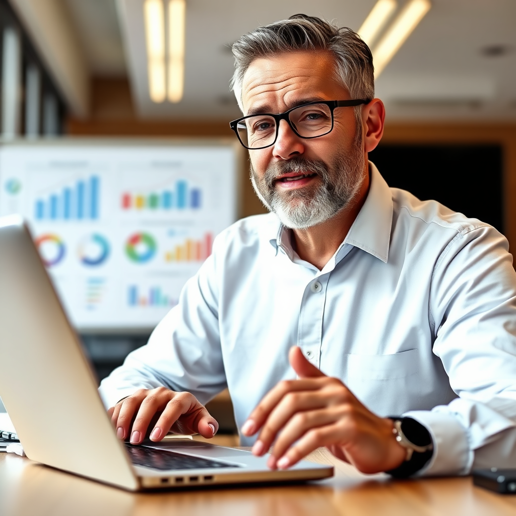 A focused image of a senior consultant presenting insights on IT solutions auditing using a laptop, with charts displayed prominently reflecting success metrics. The setting is a bright office space, emphasizing professional growth. The color scheme mixes earthy tones with vibrant colors in graphs to reflect depth in analysis. The close-up on the consultant's expression denotes professionalism and insight, combined with modern office elements for authenticity.