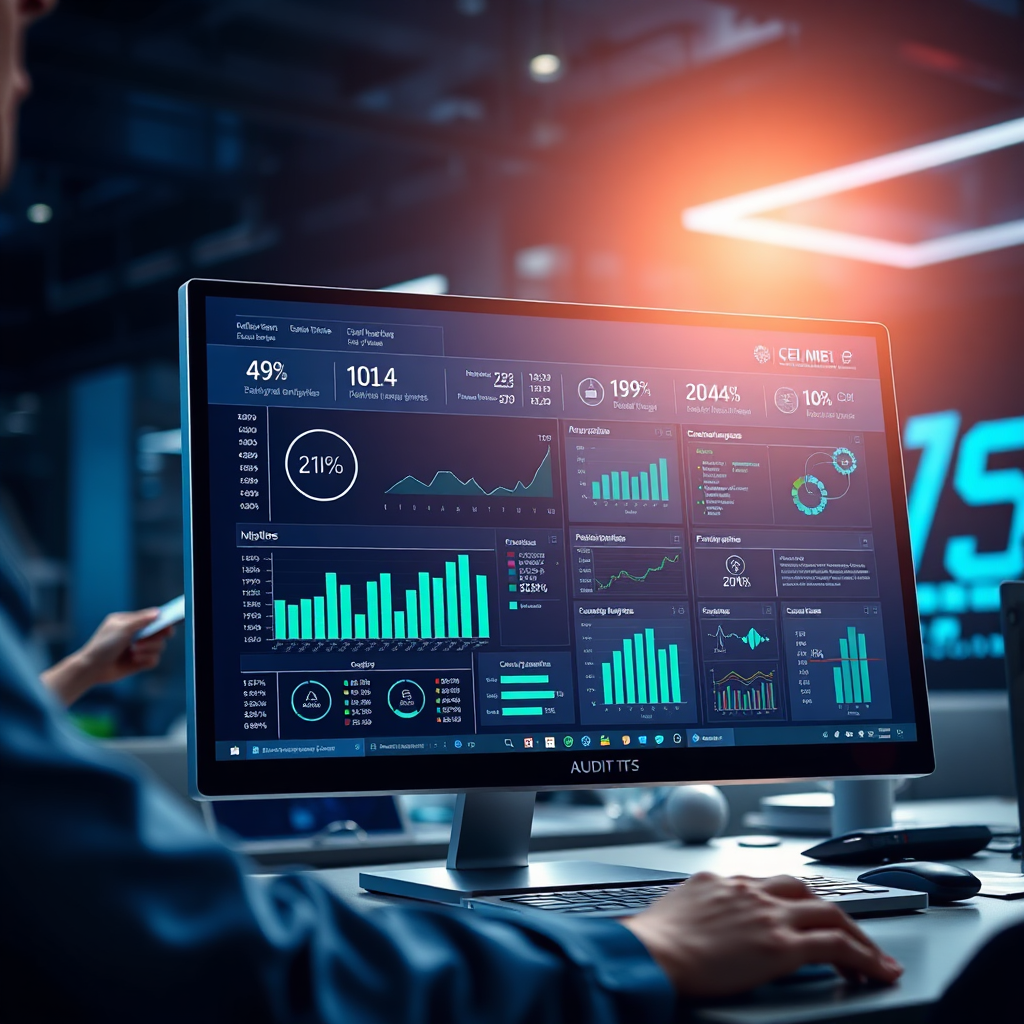 A photorealistic image of a computer screen displaying an intricate audit dashboard for AI solutions in a business setting. The composition focuses on a detailed interface showcasing data analytics and performance metrics. The lighting is bright with a tech-driven ambiance, emphasizing clarity and analysis. In the background, a professional is taking notes, indicating active engagement. The color scheme involves shades of blue with accents of green to symbolize innovation, presented in high detail.
