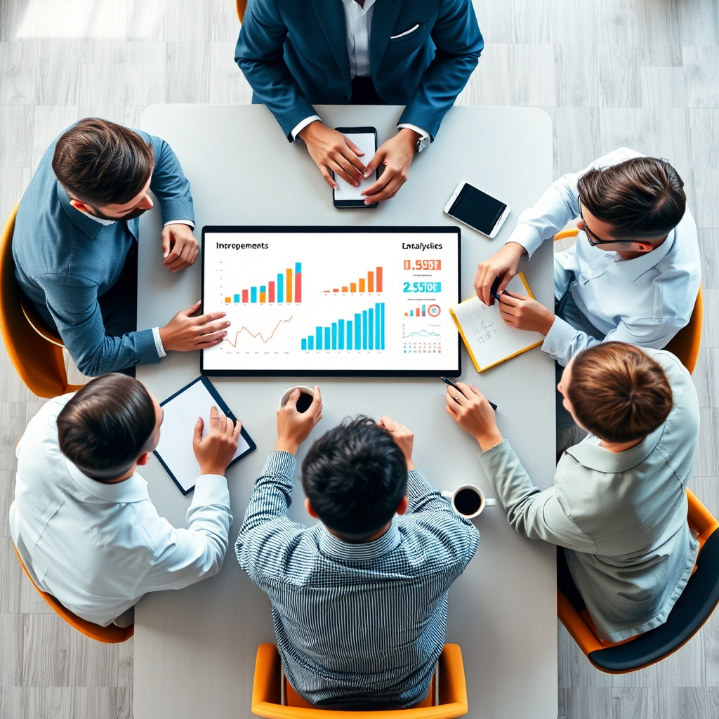 An engaging image of a brainstorming session, where team members are discussing strategic improvements around a conference table. The scene is well-lit, showcasing an interactive display of analytics in the center. The color scheme includes bright accents against a neutral backdrop to signify collaboration and energy. Props include notebooks, digital tablets, and coffee cups, contributing to a vibrant professional setting in a detailed layout.