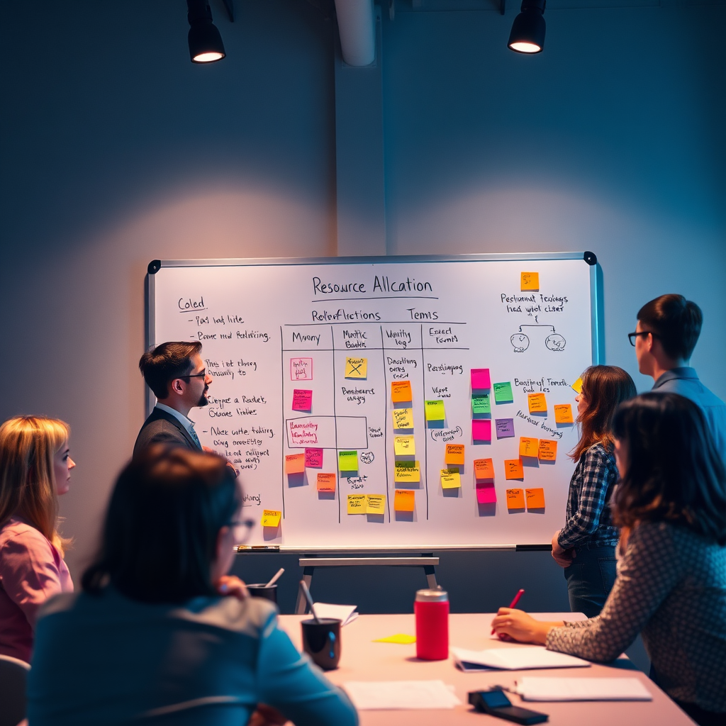 An engaging photograph capturing a resource allocation model on a large whiteboard, surrounded by team discussions. The lighting is engaging, showcasing thoughtful consideration. The color palette includes lively neons against a darker room for contrast. Elements on the board like drawings, colorful sticky notes, and organized plans emphasize an effective brainstorming session.