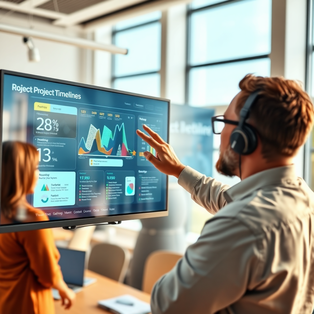An impactful image showing a project manager using a large touchscreen to control project timelines and resources. The setting is bright with ample light, showcasing a teamwork environment. The color palette is bright, with dynamic graphics on the screens being engaged in. The textures highlight modern digital interfaces, emphasizing the effectiveness of innovative project management tools in a vivid and detailed manner.